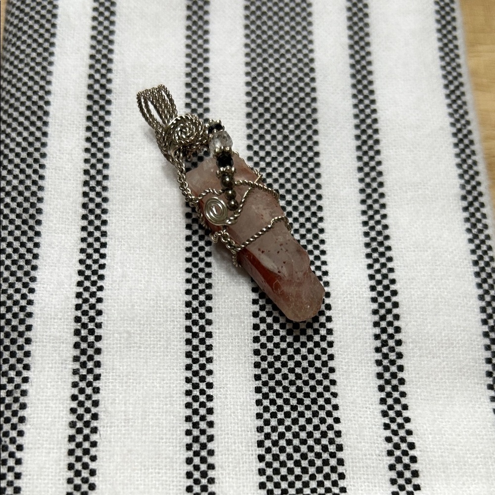 Wire-Wrapped Red Quartz Crystal Point Pendant with Bead Accented